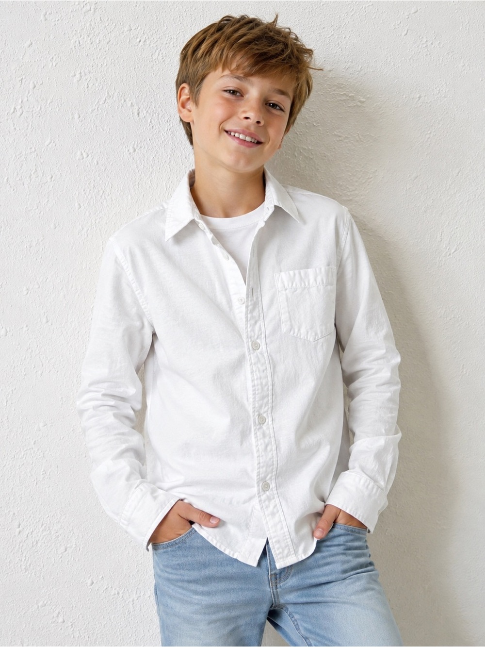 Crewcuts cotton linen blend White Long-Sleeve Button-Down Shirt 12T